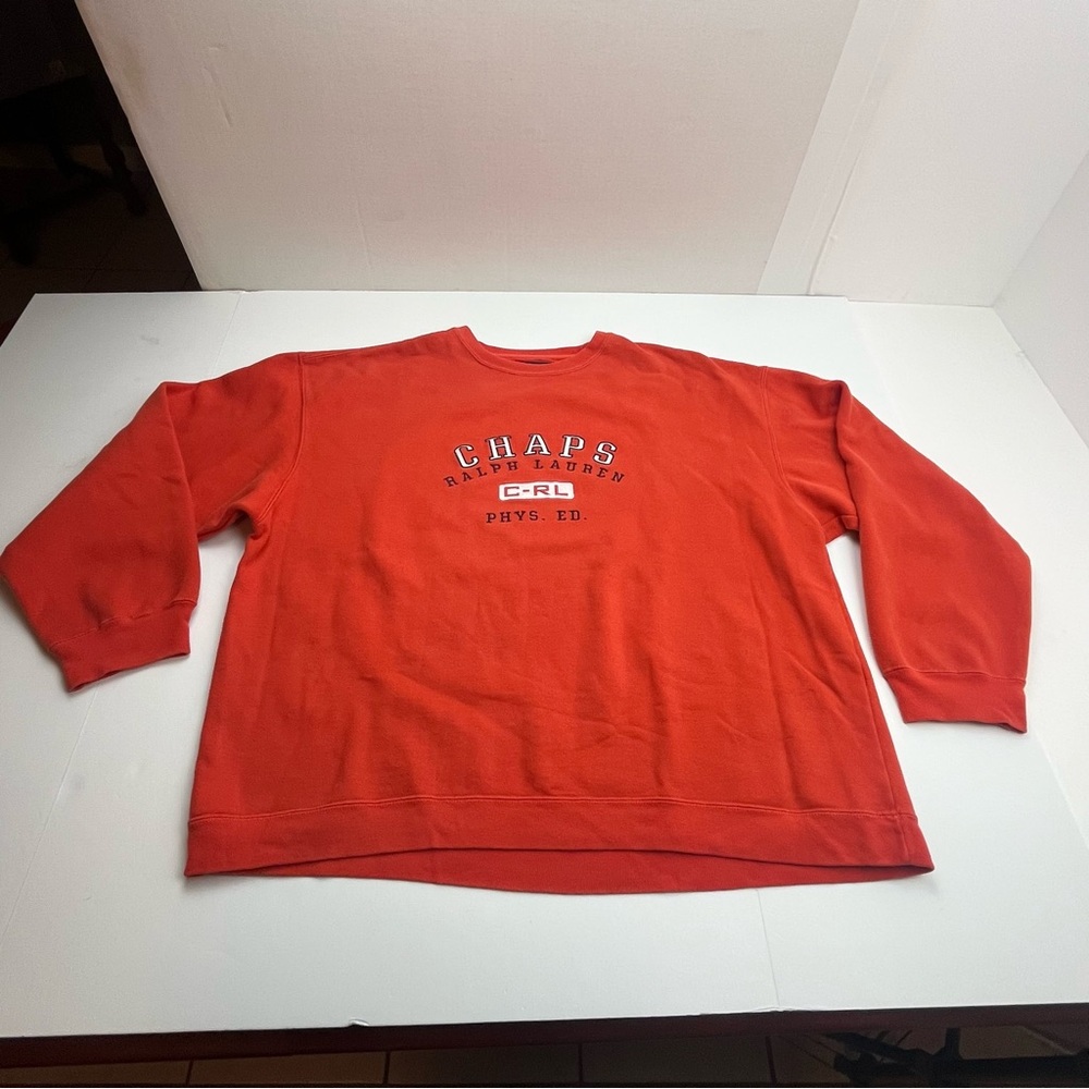 Vtg 90s Chaps Ralph Lauren Mens XXL Spell Out Crewneck Sweatshirt Orange *FLAW - Picture 1 of 12